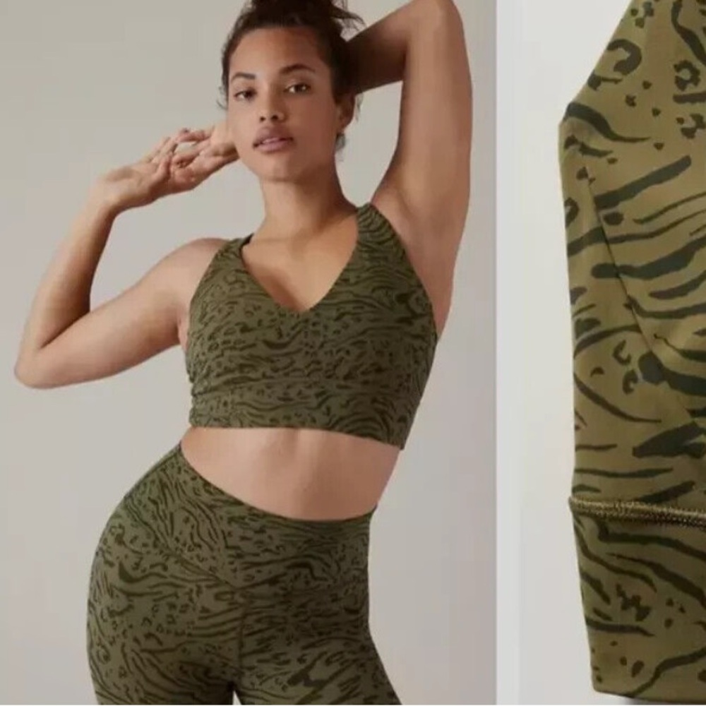 Athleta Transcend Plunge Animal Print Olive Green Low Impact Sports Bra.